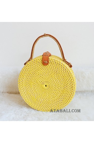 coloring rattan circle leather handbags yellow color